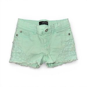 Jordache Girls Size 6 Light Green Crochet Lace-Trimmed Frayed Jean Denim Shorts